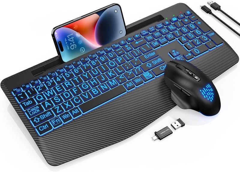 SABLUTE Wireless Keyboard and Mouse Backlits, Wrist Rest, LED Mouse, Rechargeable Ergonomic Keyboard with Phone Holder, Silent Light Up Combo for Computer, Mac, PC, Laptop, Chromebook (Black Large Print) - Image 1